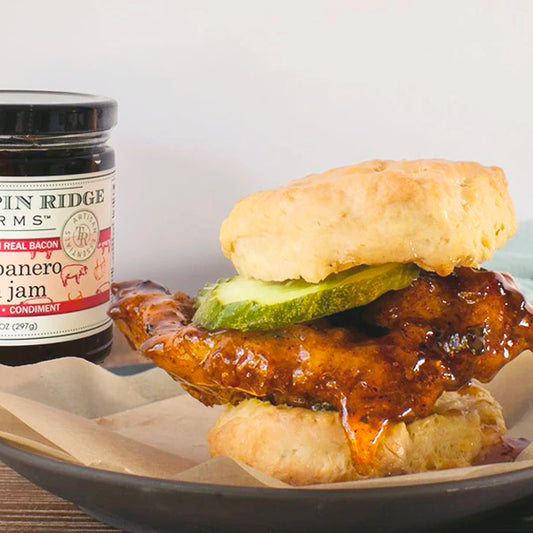 Fried Chicken biscuit sandwich glazed with hot pepper bacon jam