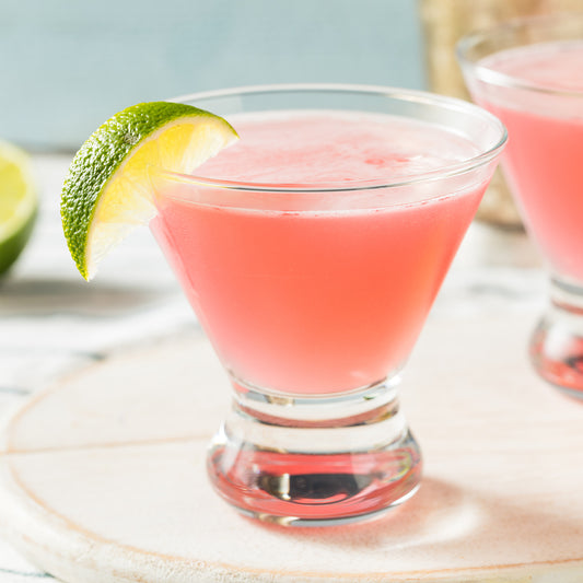 Raspberry Rose Cosmopolitan recipe with raspberry rose syrup and lime