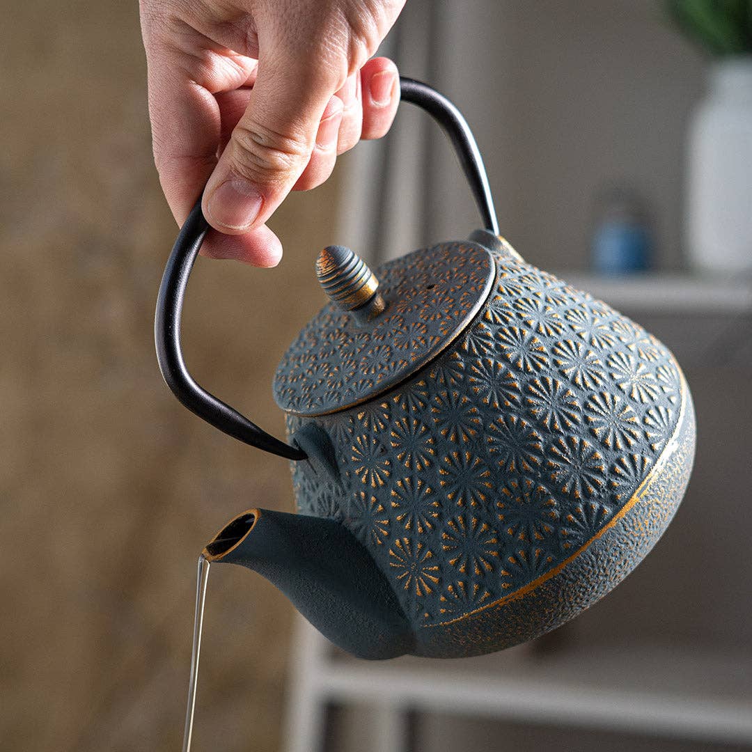 Teal Flower Cast Iron Tea Pot