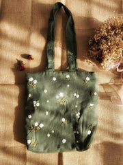 Small Daisies Embroidered Linen Tote Bag