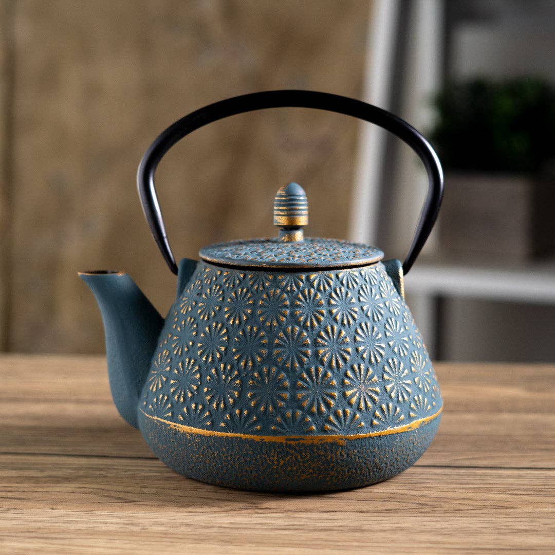 Teal Flower Cast Iron Tea Pot