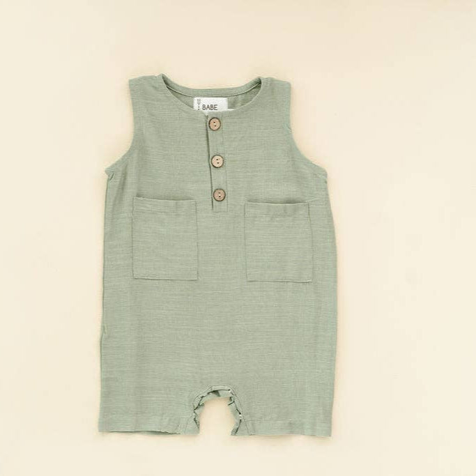 Green Crop Linen Baby Romper