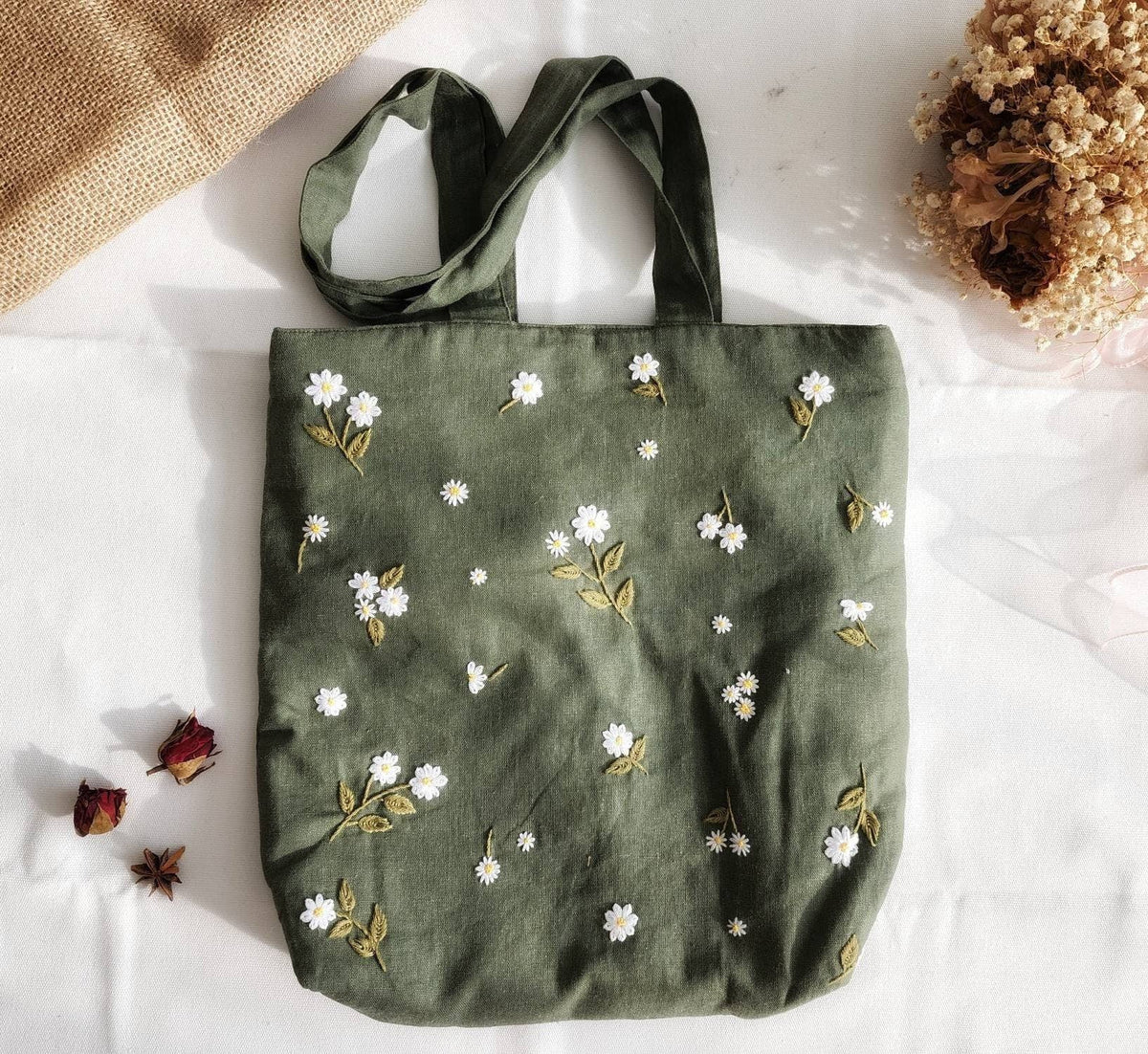 Small Daisies Embroidered Linen Tote Bag