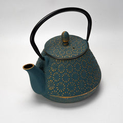Teal Flower Cast Iron Tea Pot