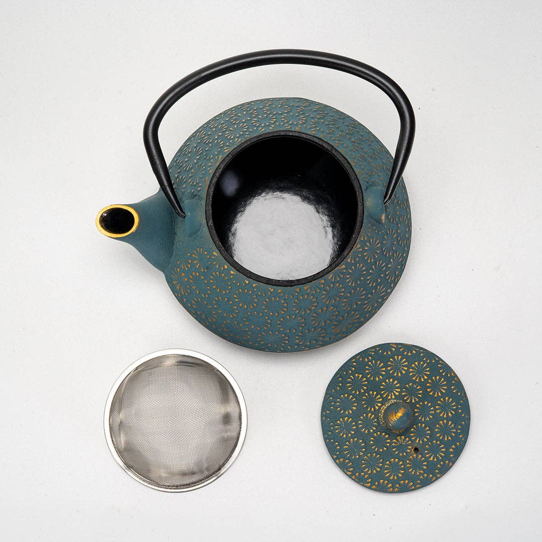 Teal Flower Cast Iron Tea Pot