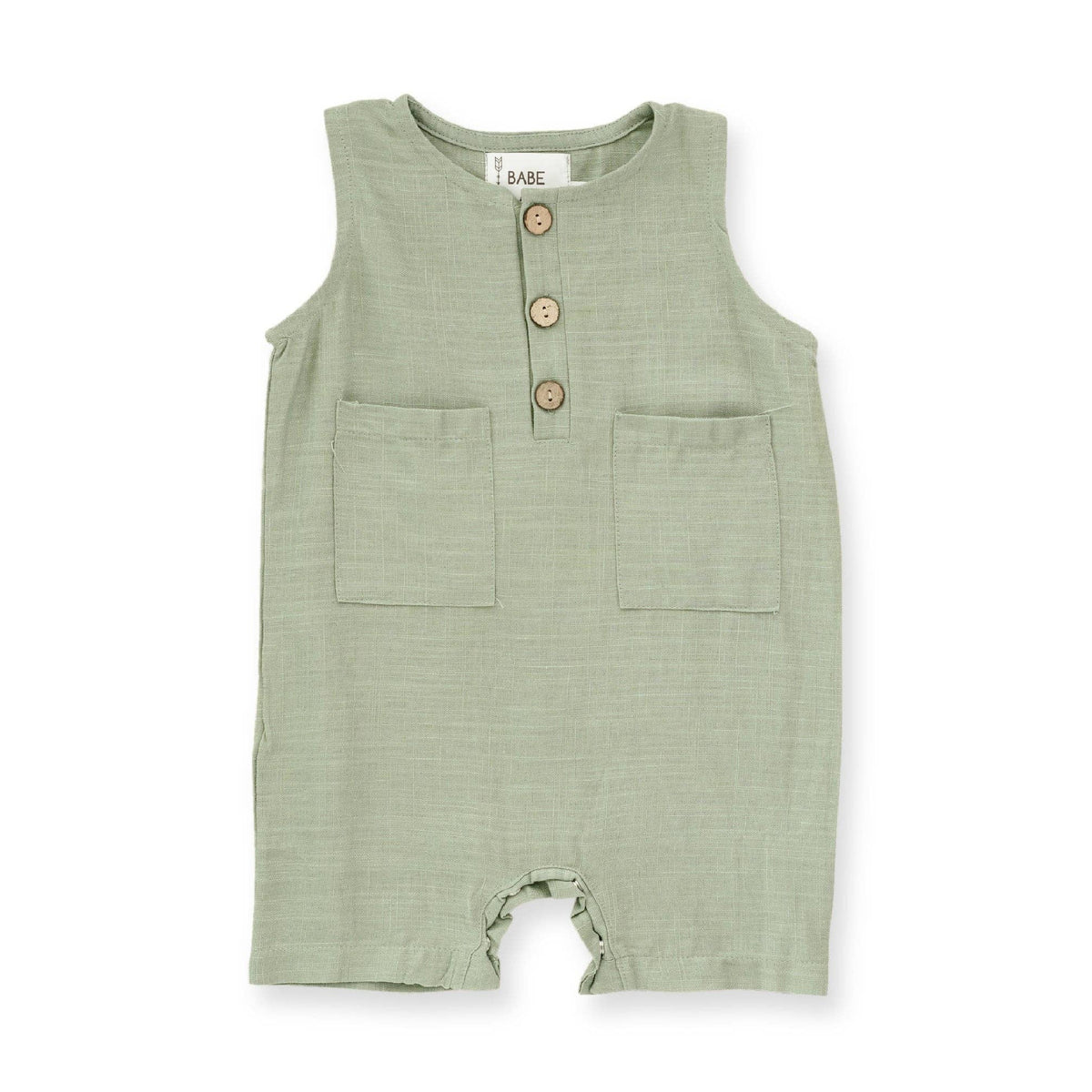 Green Crop Linen Baby Romper