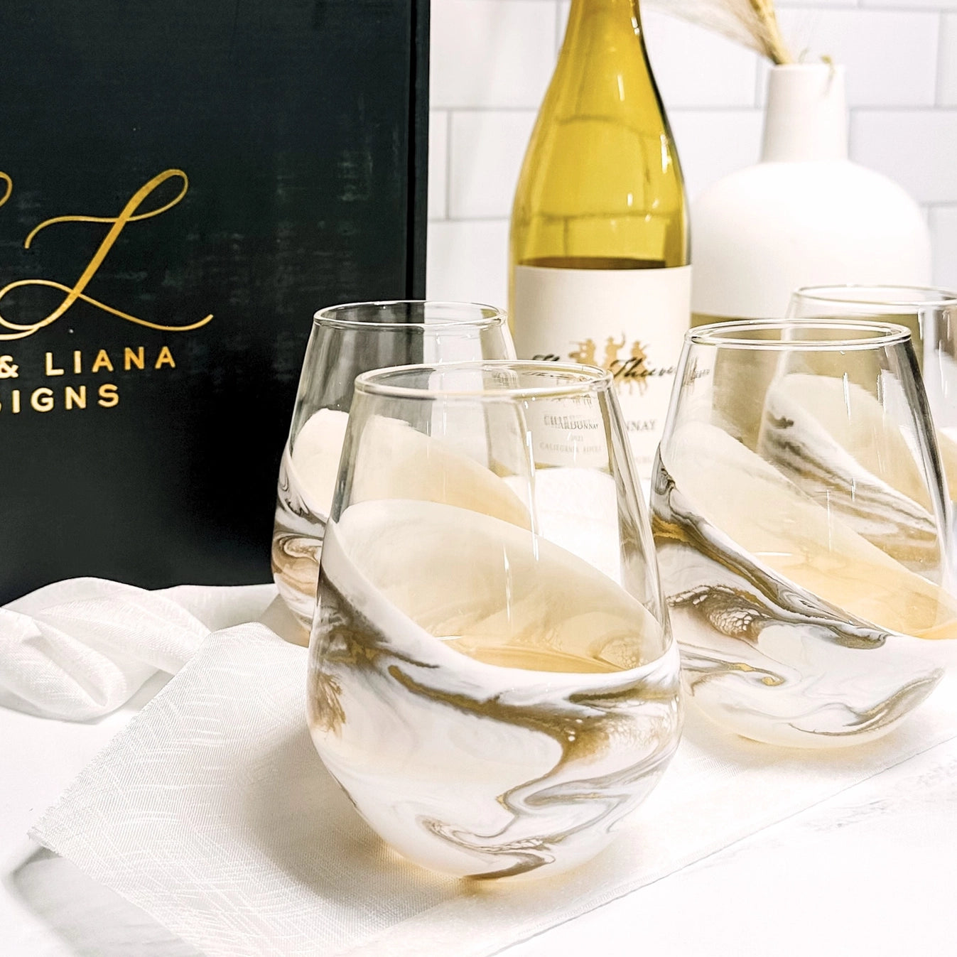 Gold Quartz Stemless Wine Glass Set