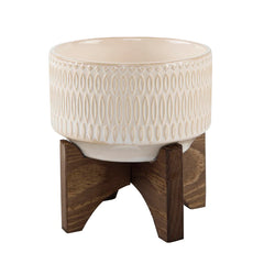 Ivory Patterned Ceramic Planter with Wood Stand