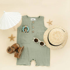 Green Crop Linen Baby Romper