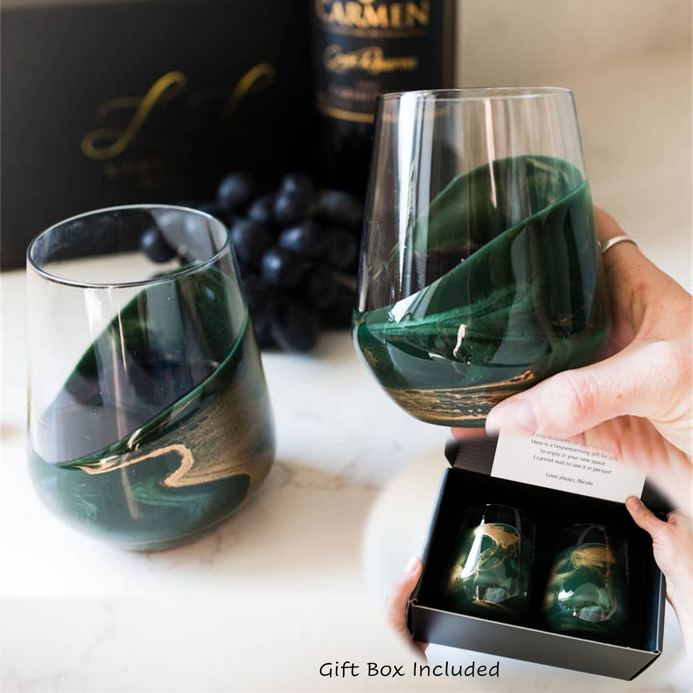 Emerald Marbled Stemless Wine Glass Set