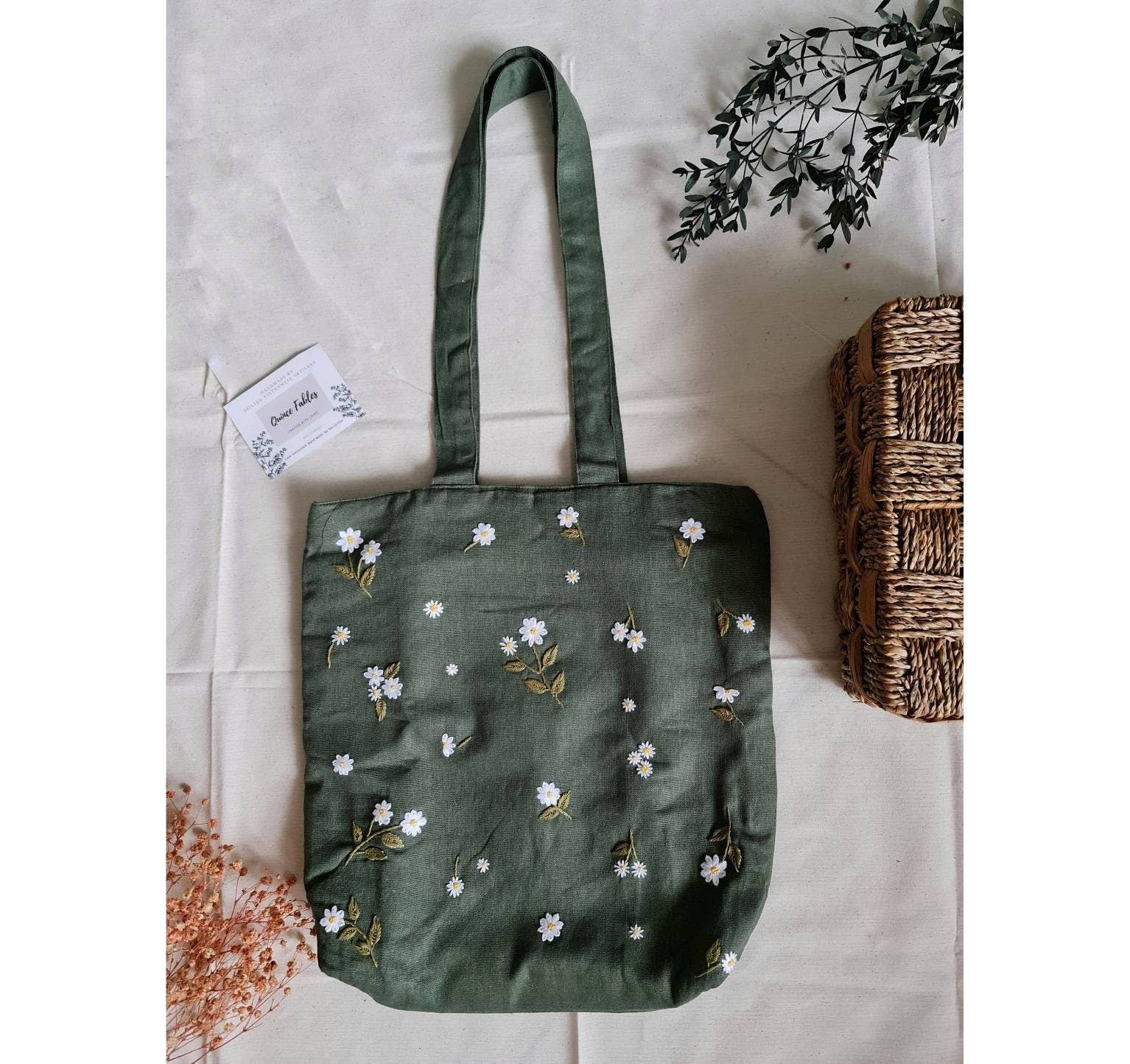 Small Daisies Embroidered Linen Tote Bag