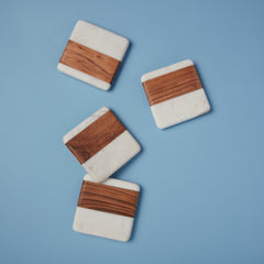 White Marble & Wood Square Coasters
