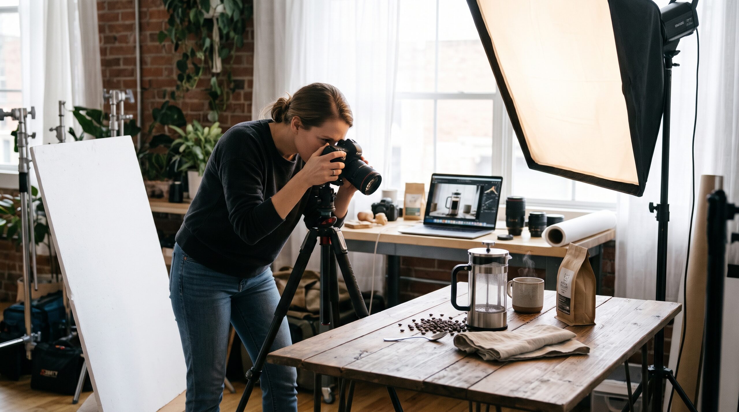 Ecommerce product photography tips showing a photographer capturing coffee products in a studio