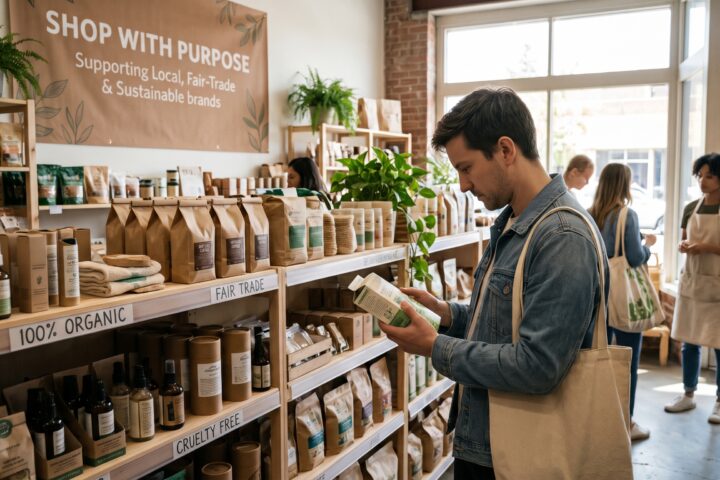 Ethical consumerism in action as a shopper examines sustainable, fair-trade, and cruelty-free products in a local retail store.