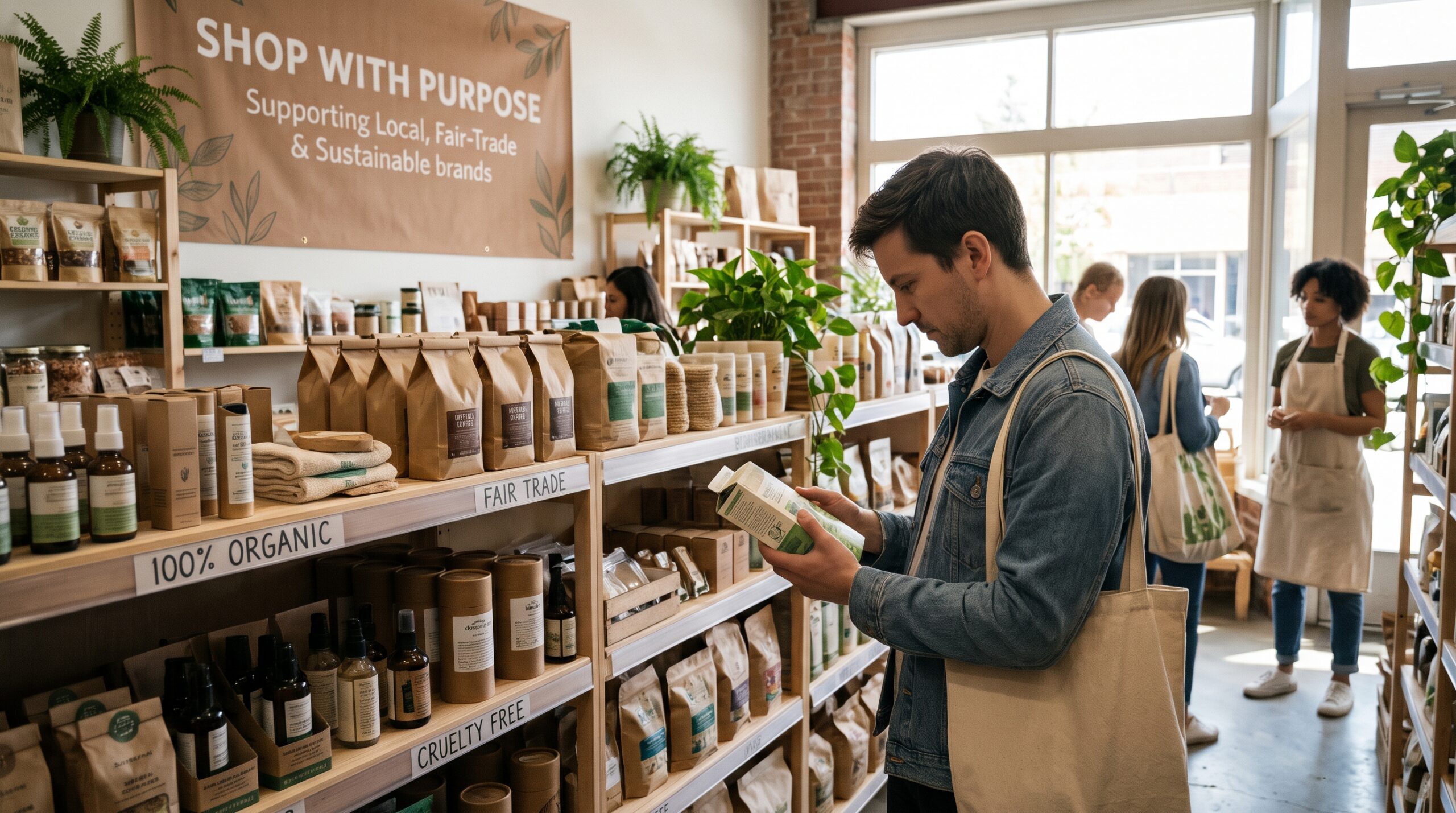Ethical consumerism in action as a shopper examines sustainable, fair-trade, and cruelty-free products in a local retail store.