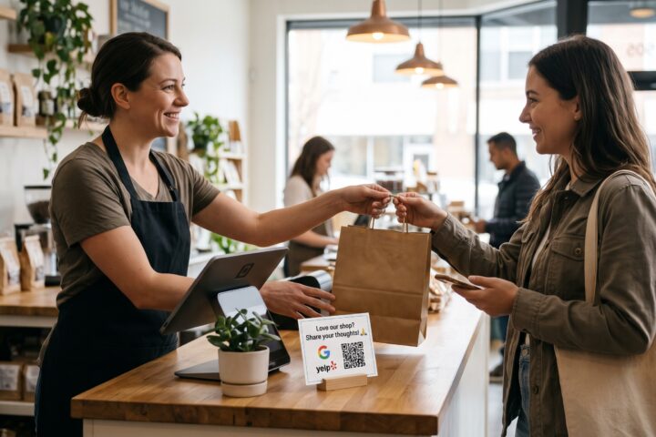How to get more customer reviews, showing a retail employee handing a shopping bag to a customer beside a customer review QR code.