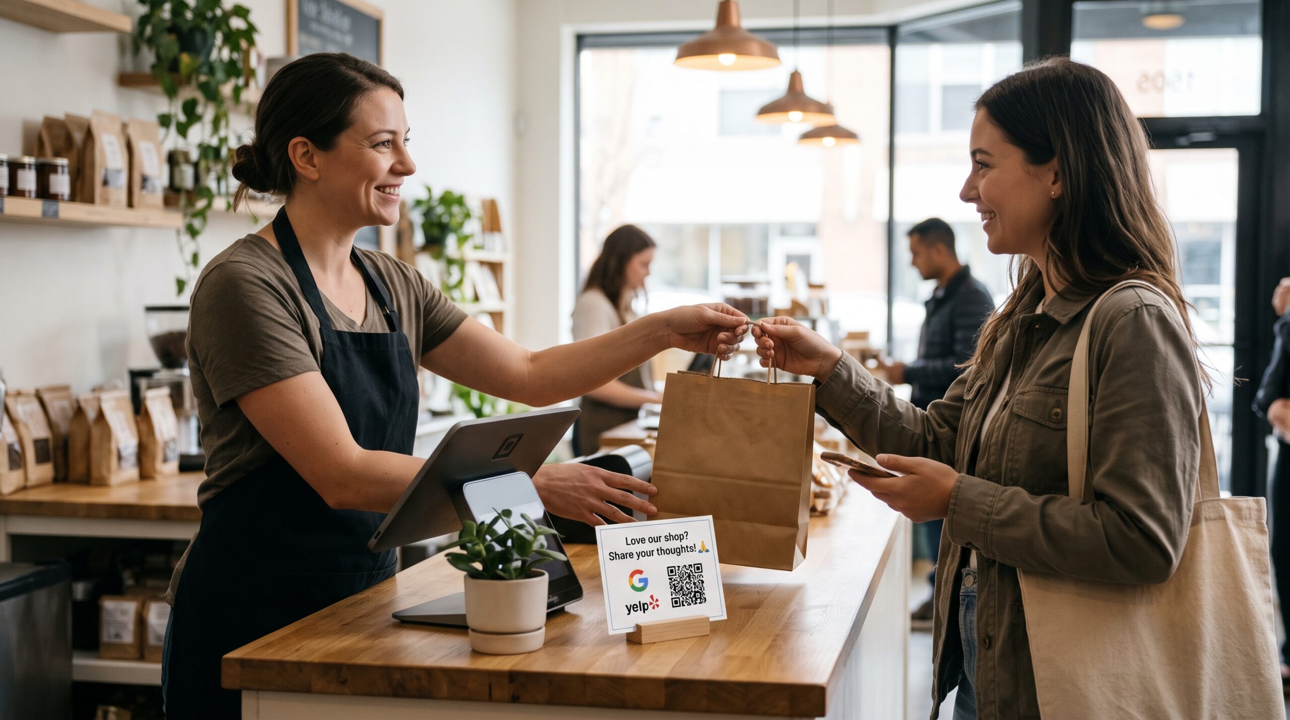 How to get more customer reviews, showing a retail employee handing a shopping bag to a customer beside a customer review QR code.