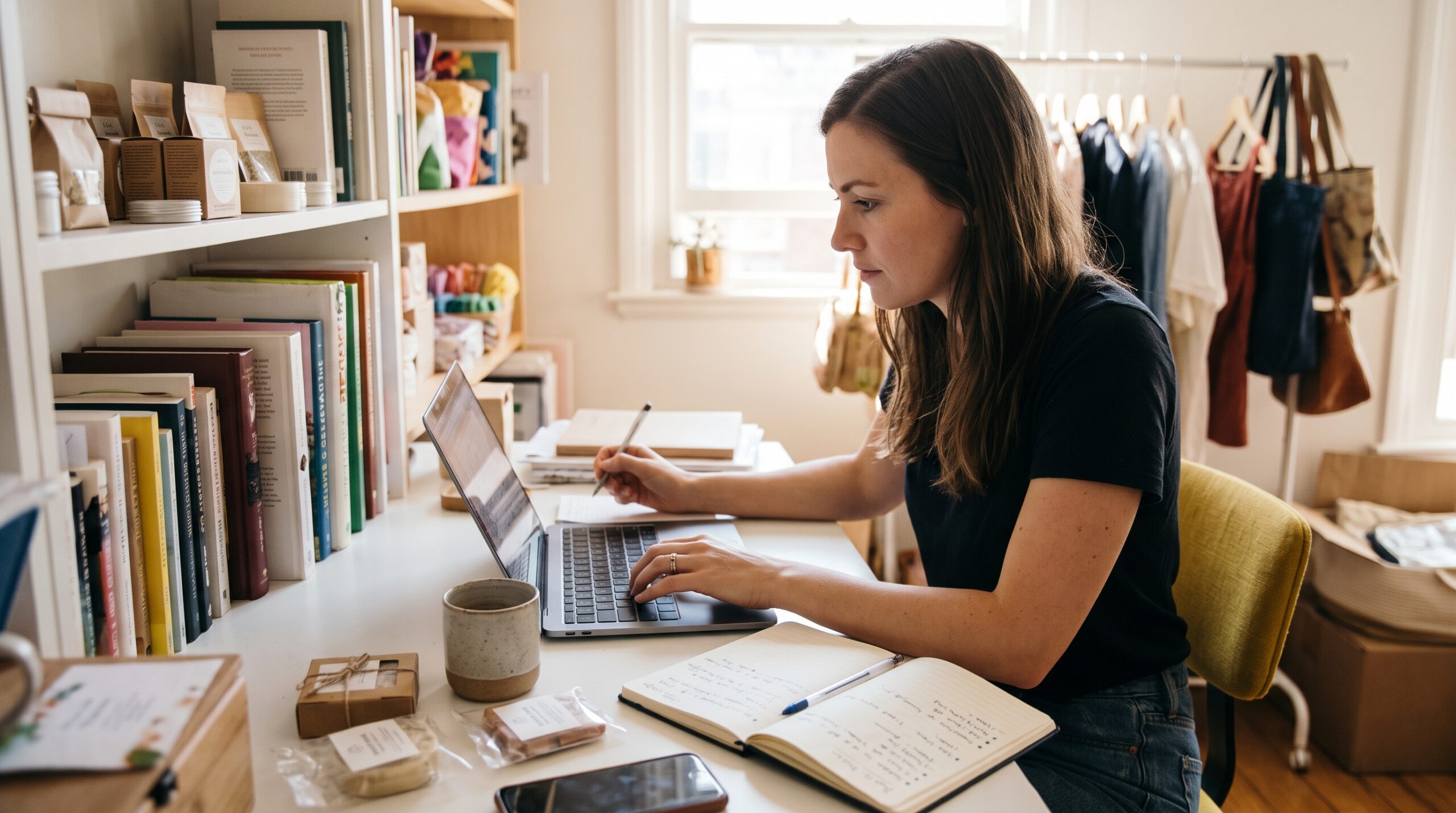 How to write product descriptions while a woman researches products and writes ecommerce copy on a laptop