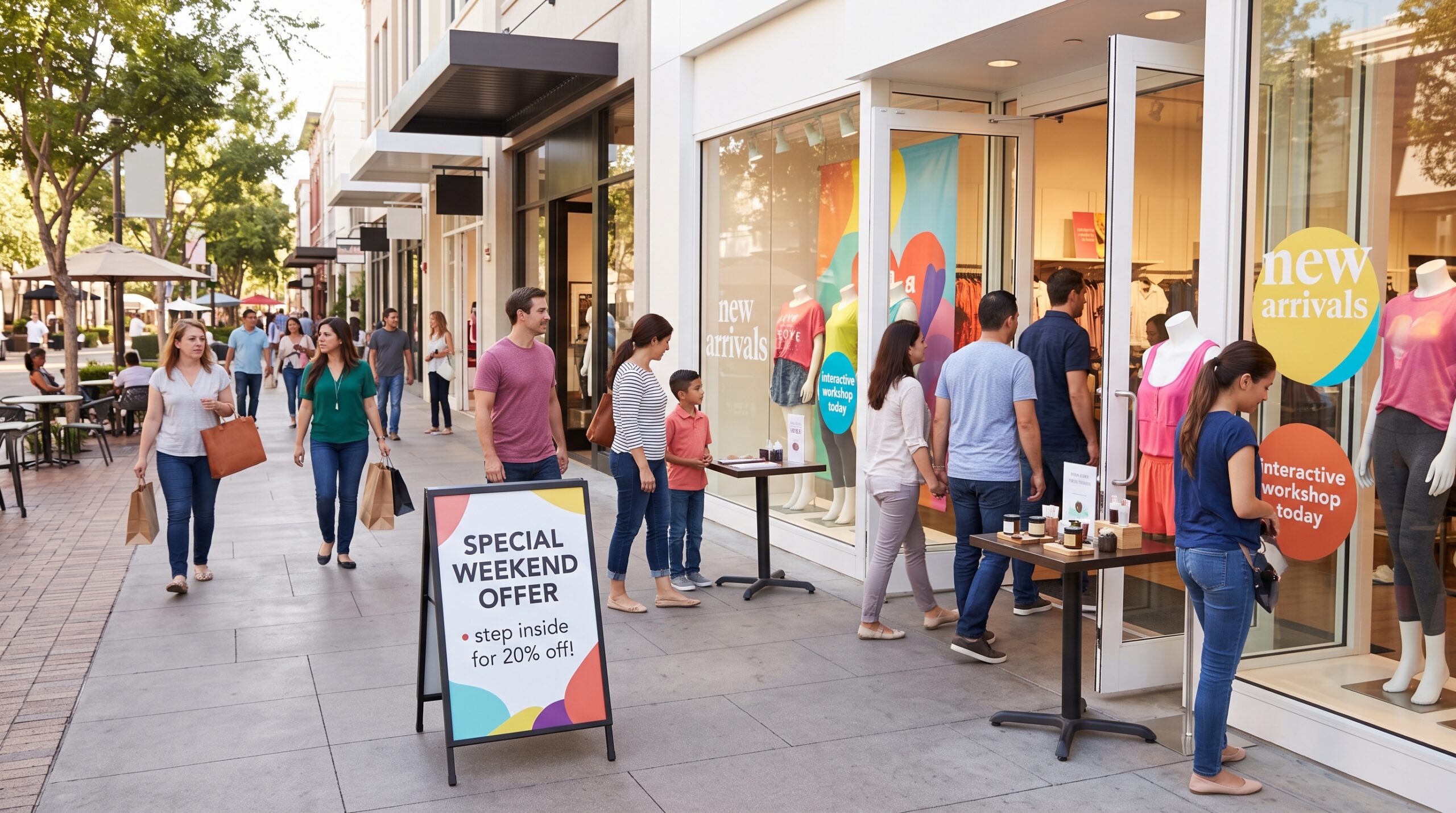 Shoppers entering a retail store with promotional displays to increase store traffic.