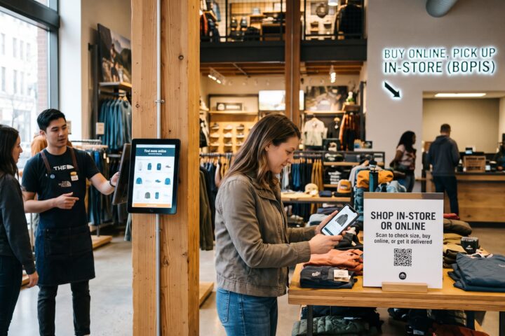Omnichannel retail strategy showing a customer shopping in-store with a smartphone, online product access, and buy online, pick up in-store services.
