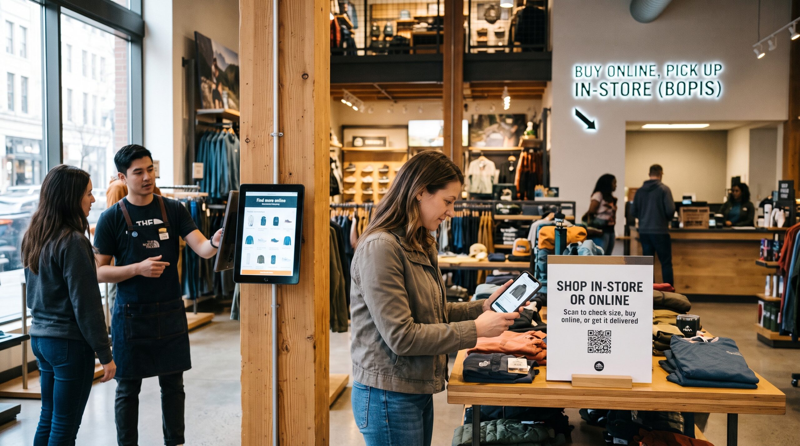 Omnichannel retail strategy showing a customer shopping in-store with a smartphone, online product access, and buy online, pick up in-store services.