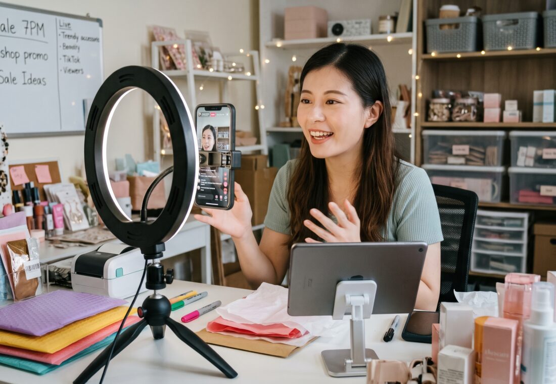 Social commerce trends featuring a small business owner livestreaming product demonstrations on a smartphone with a ring light.