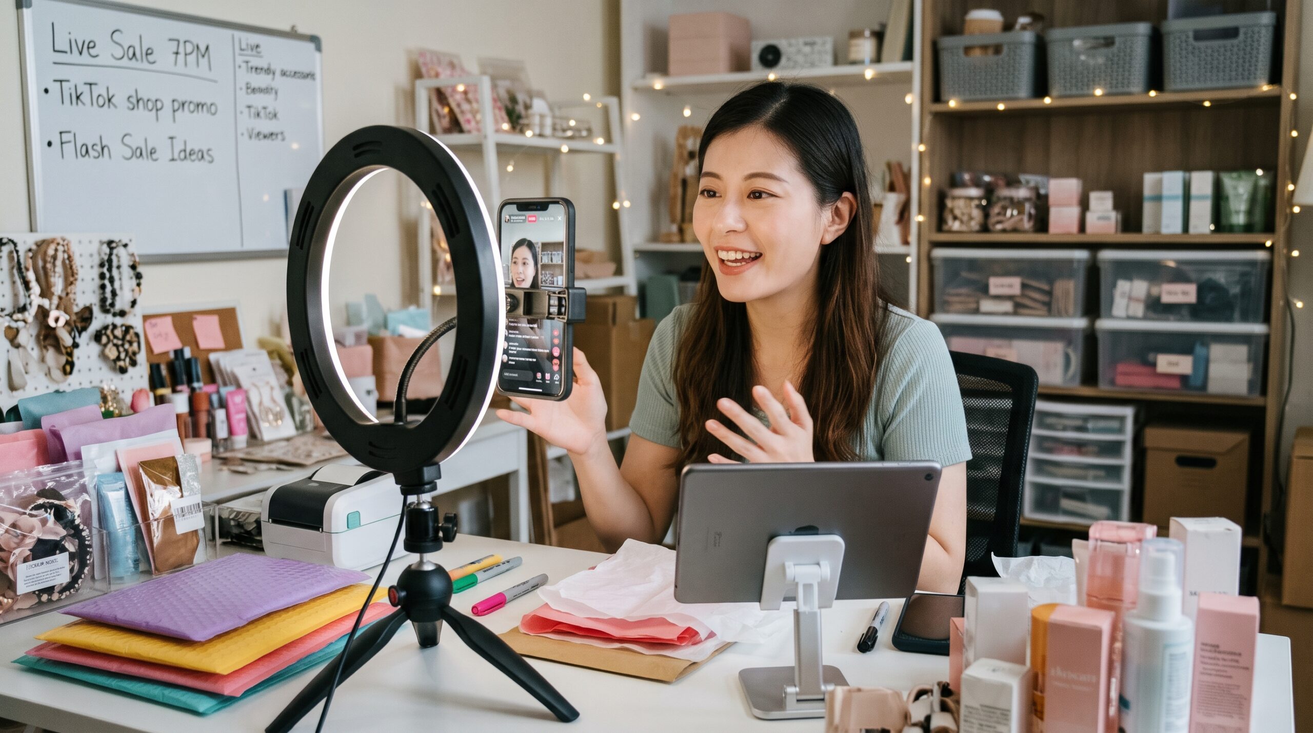 Social commerce trends featuring a small business owner livestreaming product demonstrations on a smartphone with a ring light.