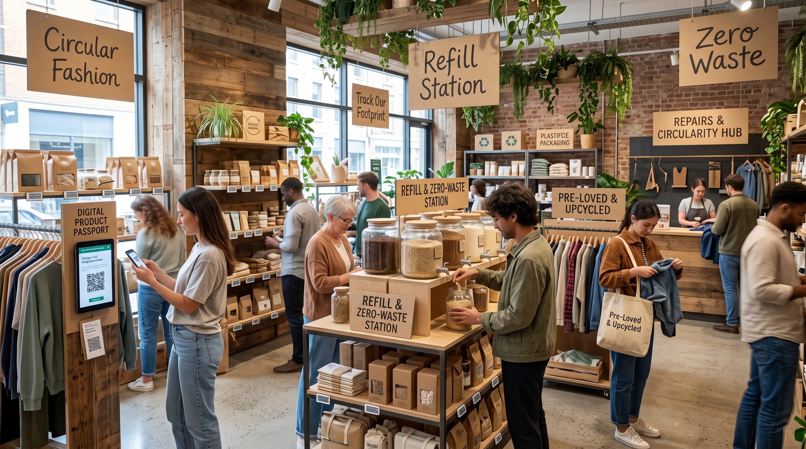 Sustainable shopping trends in a retail store featuring refill stations, recycled packaging, and secondhand clothing.