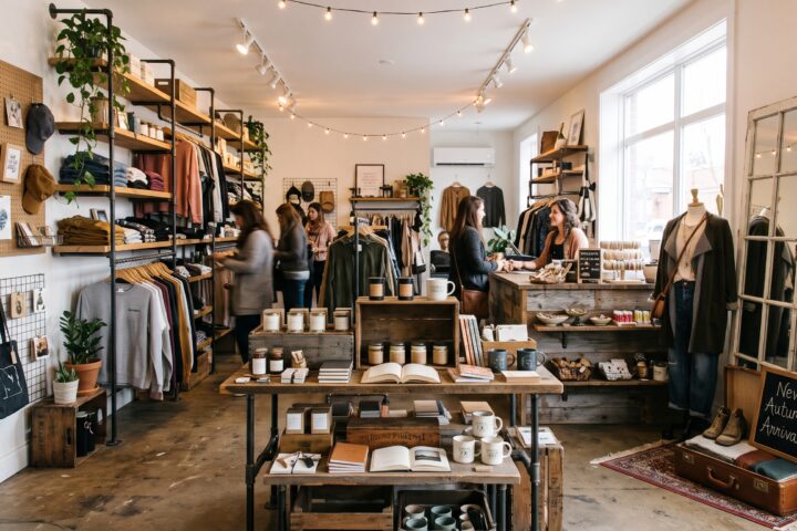 Visual merchandising ideas featuring a boutique clothing store with organized apparel racks, product displays, accessories, and warm lighting.