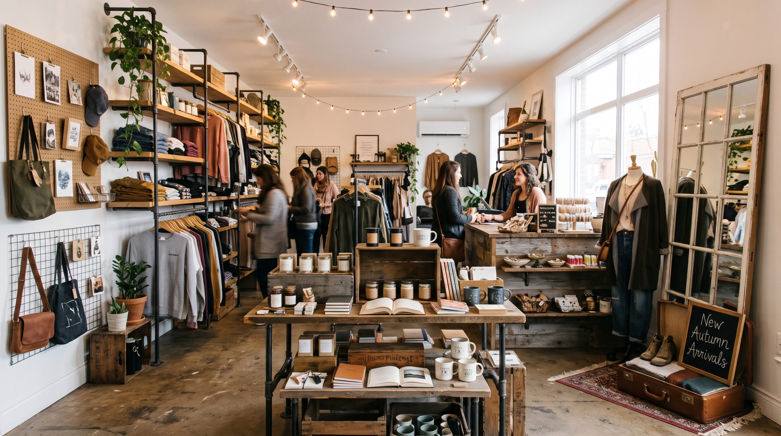 Visual merchandising ideas featuring a boutique clothing store with organized apparel racks, product displays, accessories, and warm lighting.